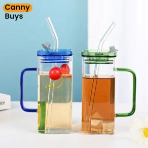 Square Glass Cup With Acrylic Lid and Straw - Canny Buys